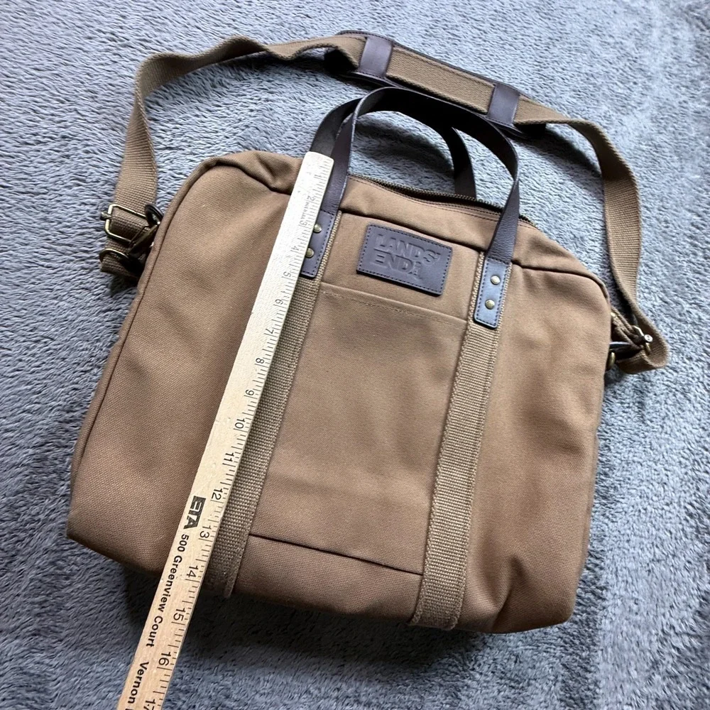 Lands' End Waxed Canvas Laptop Briefcase Bag Zip Close Crossbody Tan Leather